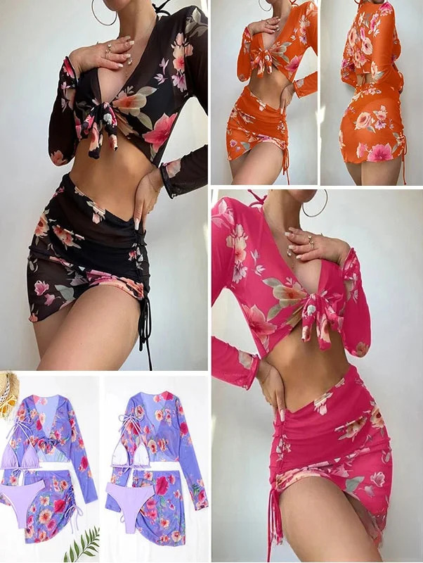 Sexy Bikini Swimsuit Women's Long Sleeve Mesh Separate Set V-neckline Three-piece Cover up Swimmingwear Popular Internet Model