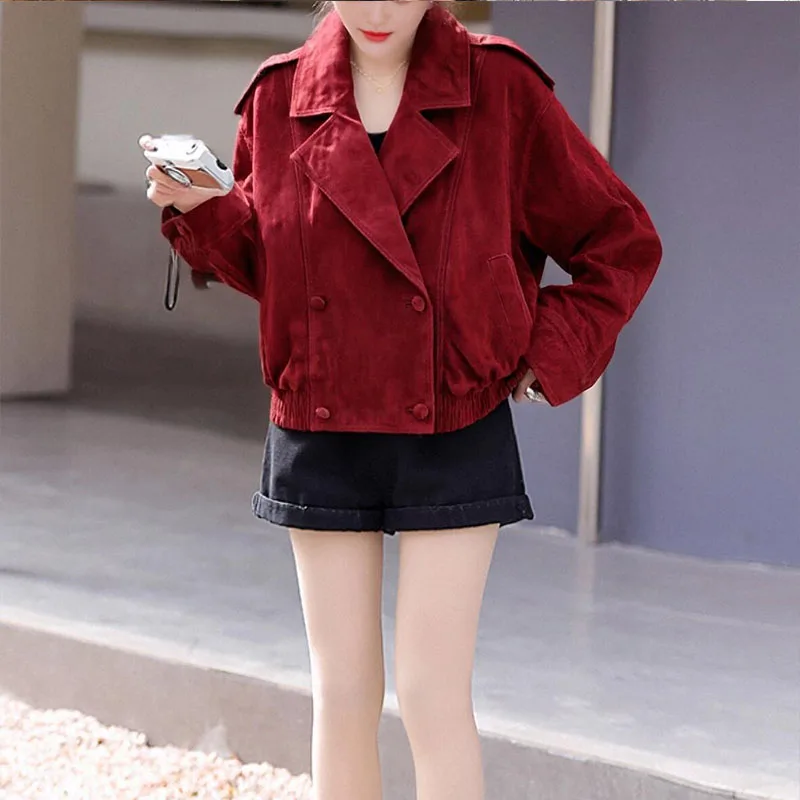 سترة نسائية جديدة على الطراز الأوروبي والأمريكي 2025 متعددة الاستخدامات بلون سادة من جلد الغزال #2