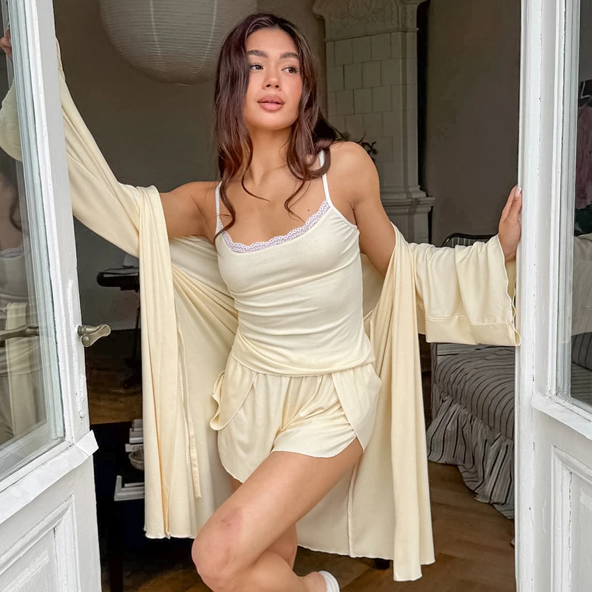 Yellow Casual Elastic Knitted Women'S Pajamas 3-Piece Suit Lace-Up Long Sleeve Robe Sleeveless Camisole Top Elastic Waist Shorts