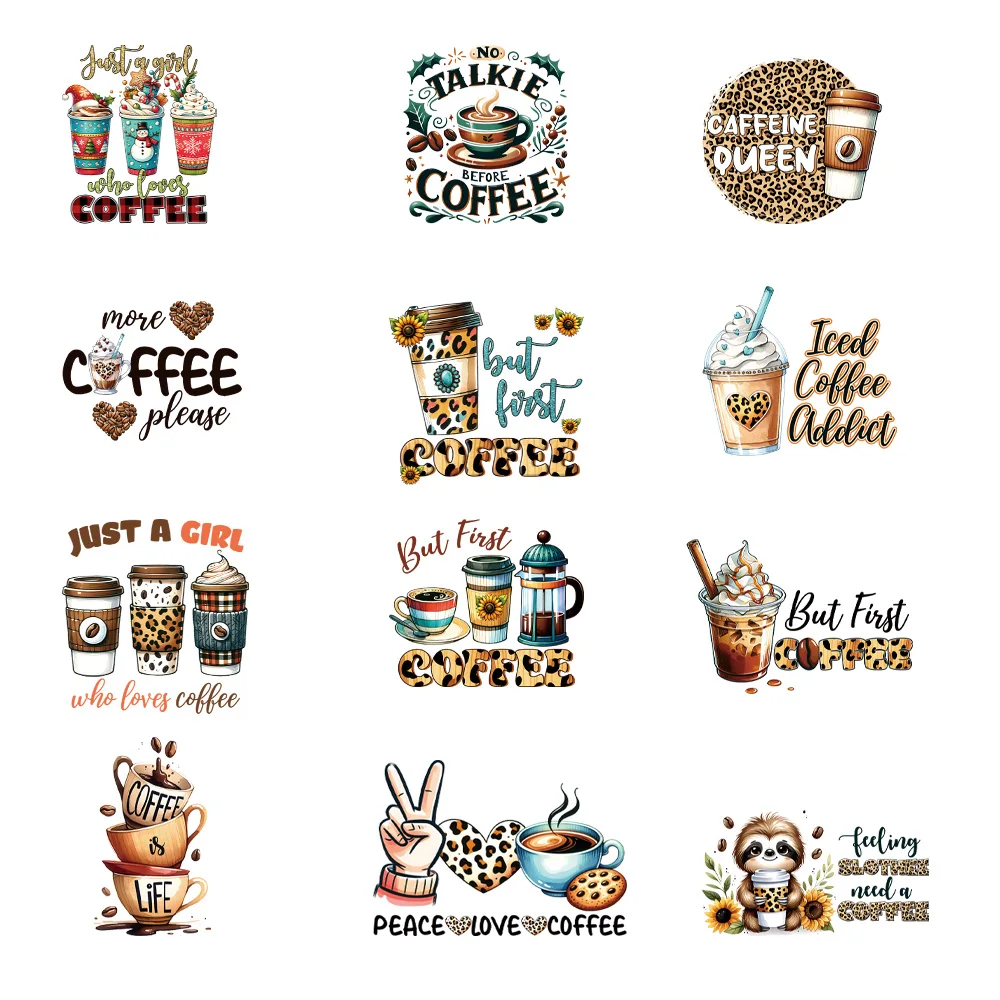 Heat Press Transfer Iron on Sticker, café chá da tarde, design inspirado, decalque para roupas DIY T-Shirts, 12 pcs