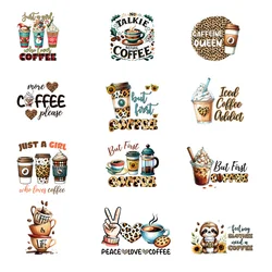 12piece Coffeeafternoon tea Sticker,Inspirational Design Heat Press Decal,For DIY Clothing T-Shirts,Iron-on Transfer Sticker