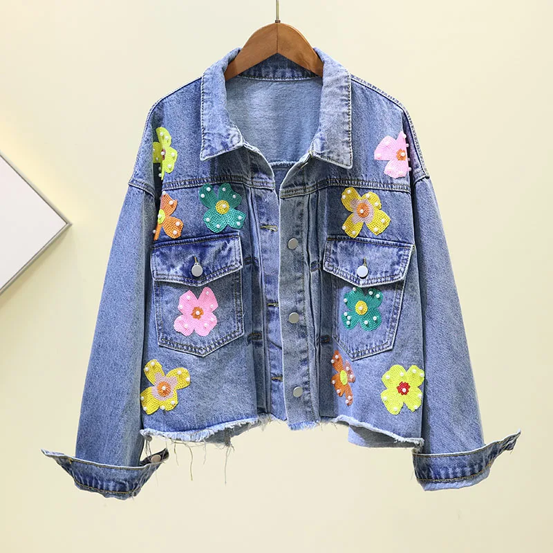 Nice Pop Denim jacket Women Coat Three Dimensional Flowers Pearl Bead Short Jeans Jacket Sequins Loose Overcoat Female Outwear