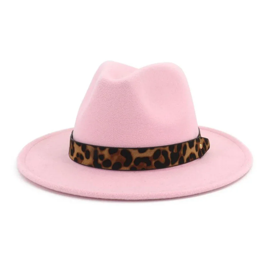 

Pink Fedora Hats for Women Wide Brim Leopard Belt Tribby Hat Ladies Woolen Jazz Cap Female Winter Vintage Fashion Hat New Green
