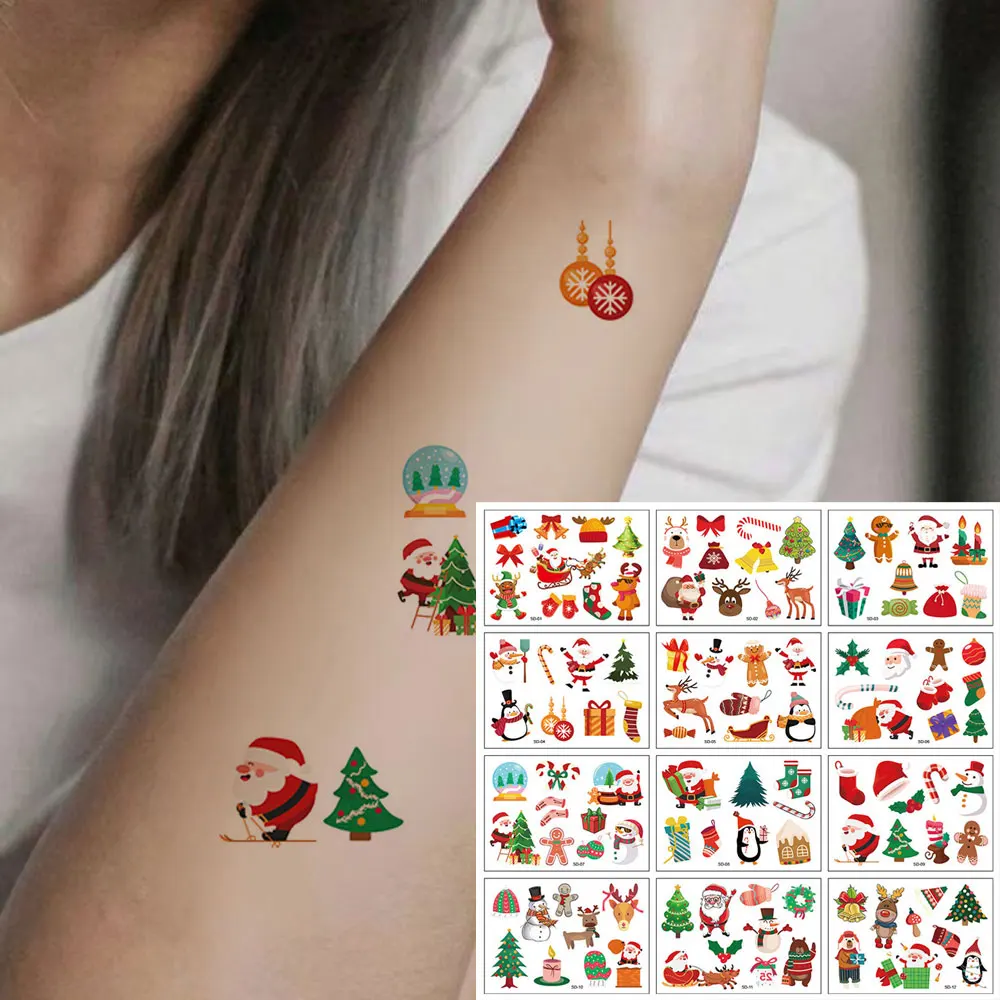 12 قطعة من الوشم المؤقت لعيد الميلاد على شكل رجل ثلج لشجرة عيد الميلاد وشم مزيف للنساء والرجال لتزيين الجسم