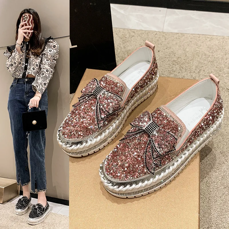 Womens Loafers Shoes Casual Female Sneakers Slip-on Crystal Round Toe Modis Bow-Knot Flats Slip On Rhinestone 2024 Comfortable N