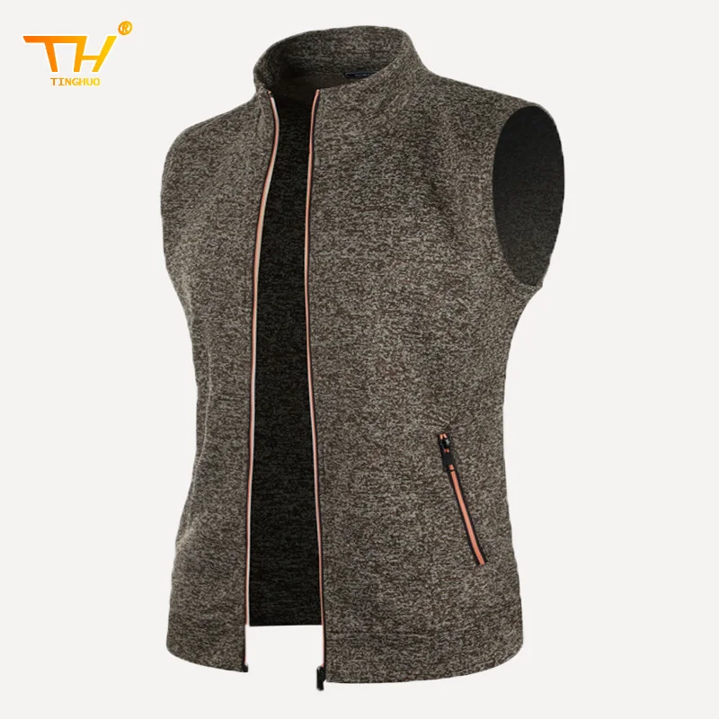 TINGHUO Men's waistcoat vests fleece thick warm sleeveless knit vest men zipper casual slim mens jacket