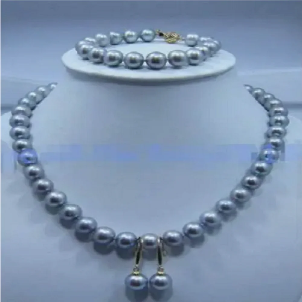 Beautiful AAA 9-10mm South Sea Grey Pearl Necklace 18inch+Bracelet 7.5-8inch+Earrings 14k Gold