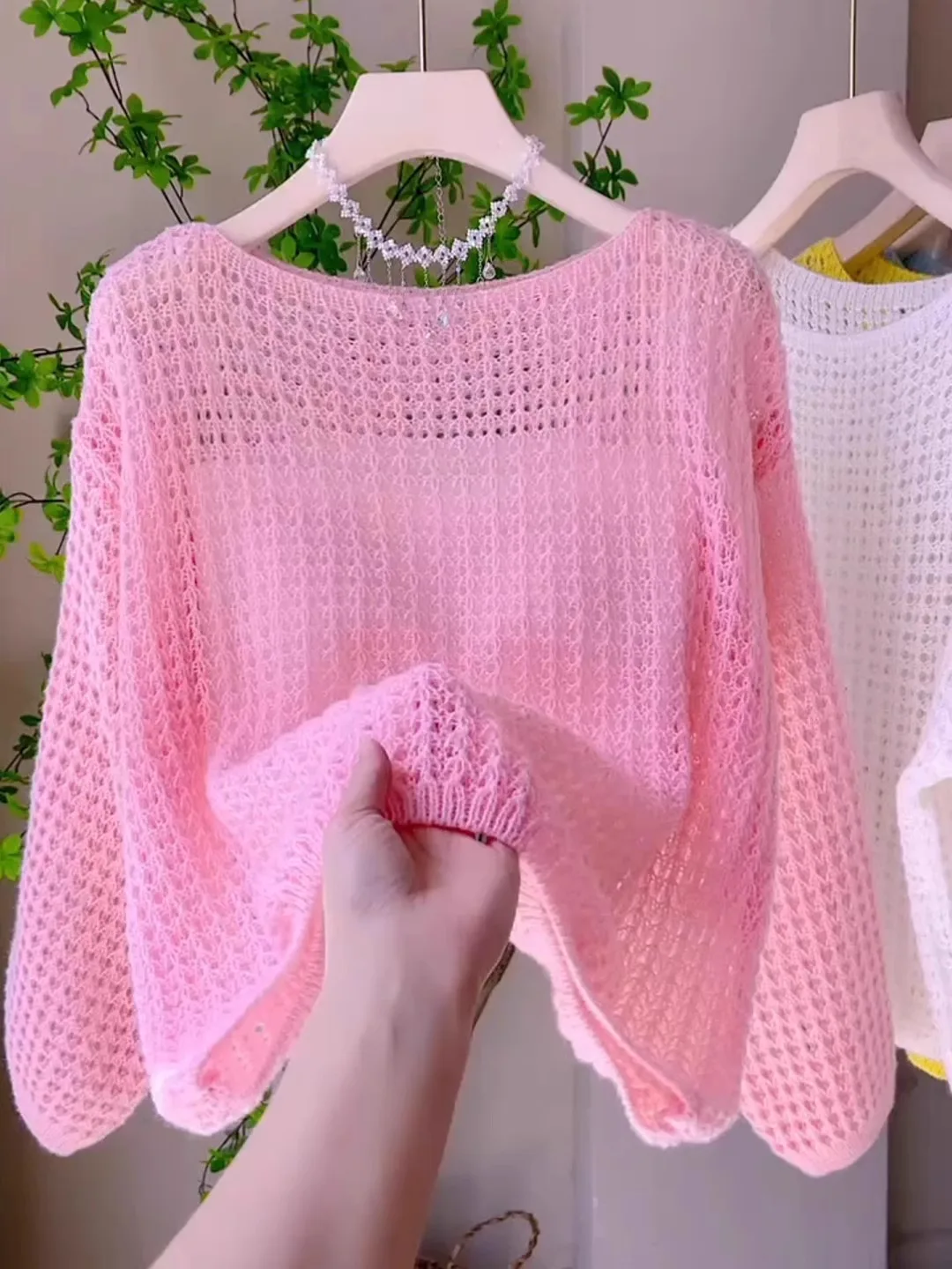 Summer 2026 Women's Sweet Pink Hollow out Knitted Top Shoulder Bared Long Sleeve Thin Shawl Cover up Casual Loose Style