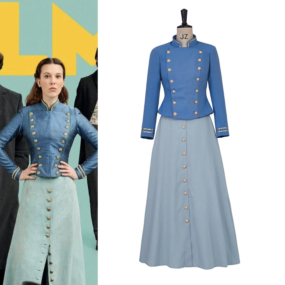 

Enola Holmes 2 Cosplay Costume Blue Top and Skirts for Women Halloween Carnival Party Role Play Vintage Long Sleeve Dress
