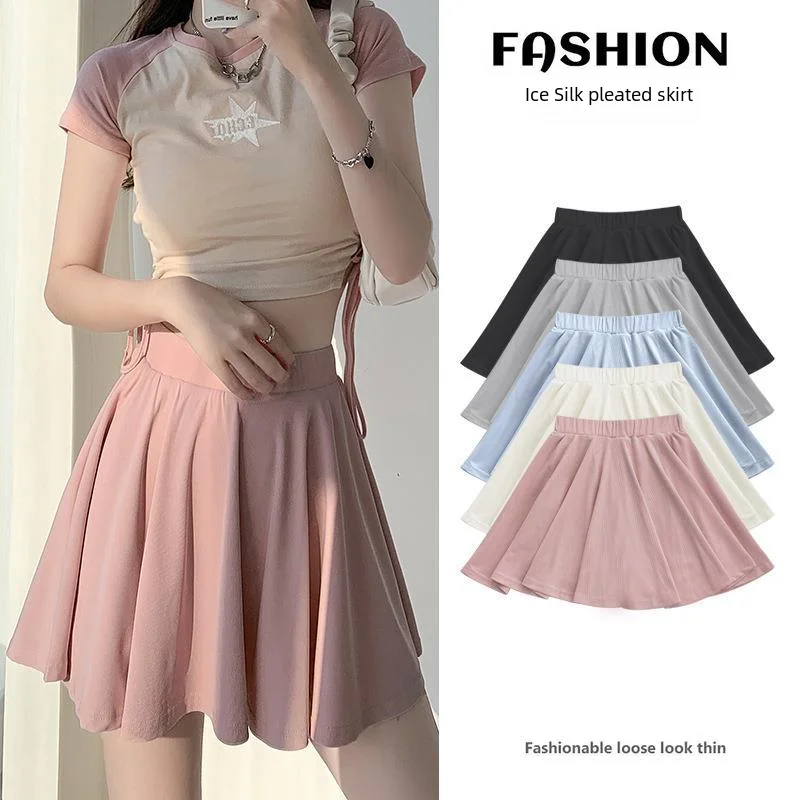 

Pop Ice Silk High Waist Slim Fit Women Summer Shorts Anti Exposure Versatile A- Line Skirt Fresh Sweet Style Polyester Fabric