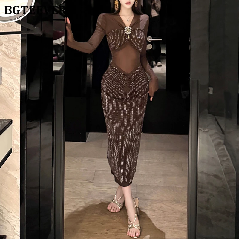 

BGTEEVER осень-зима шикарное женское облегающее платье с круглым вырезом на бедрах сексуальное элегантное тонкое лоскутное женское вечернее платье с длинными рукавами