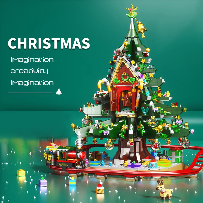 2022 Building Blocks Christmas Tree Reindeer Gingerbread House Model Sets Toy City Winter Village Train Santa Claus Elk New Year