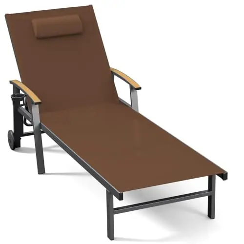 Outdoor Lounge Chair with Pillow, 5-Position Aluminum Chaise Lounge with Wheels & Armrests, 400 lbs Heavy Duty Patio