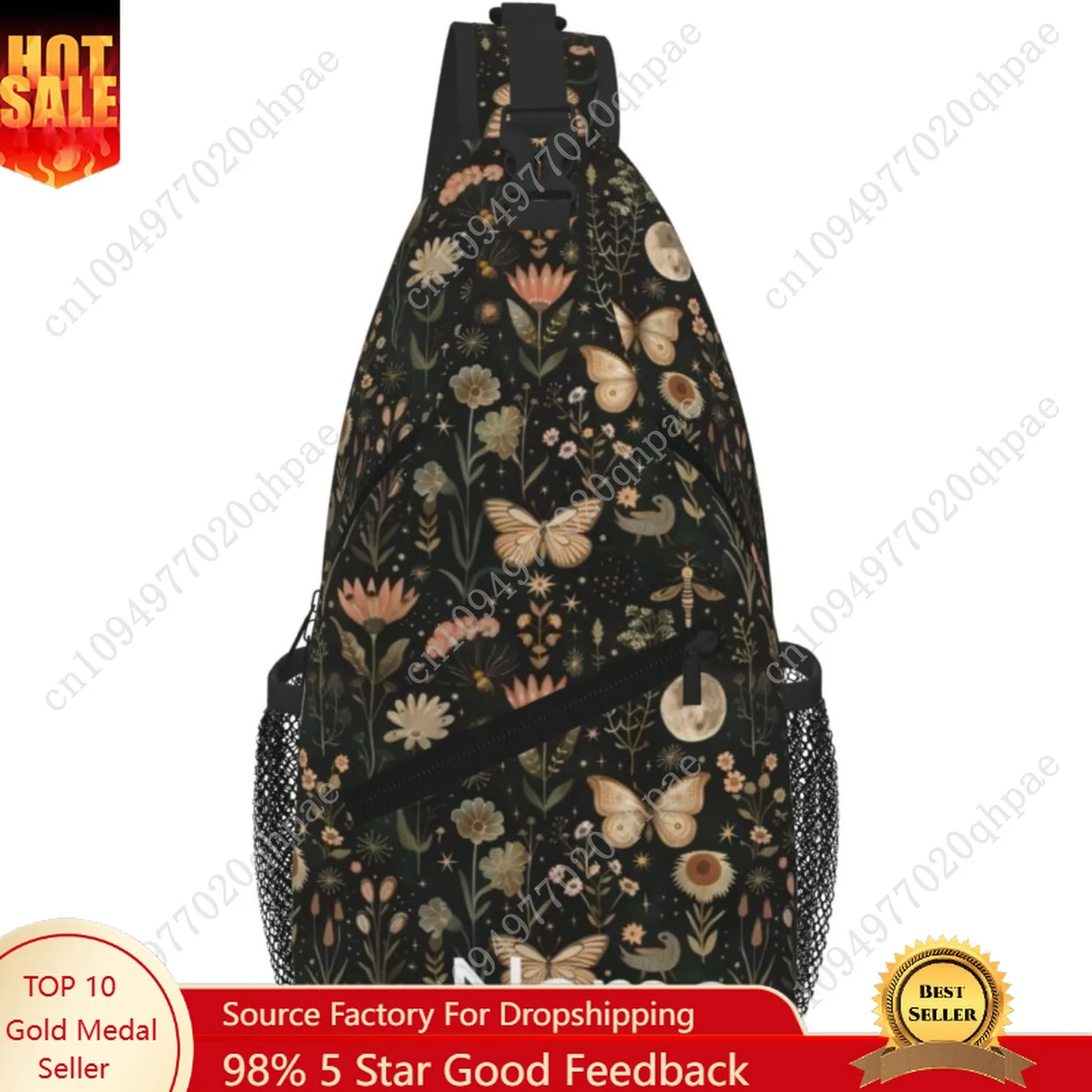 

SUPLUCHOM Custom Sling Bag With Name Vintage Butterfly Moon Flower Personalized Hiking Daypack Customized Crossbody Shoulder Bac