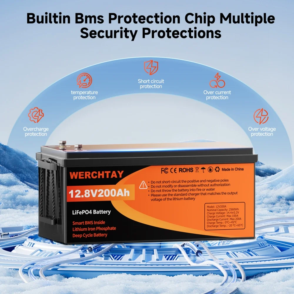 WERCHTAY LiFePO4 12V baterie s BMS 25000 cyklů 100A 200A lithiová baterie pro obytné automobily, solární systém, loď, domácnost - náhled 3