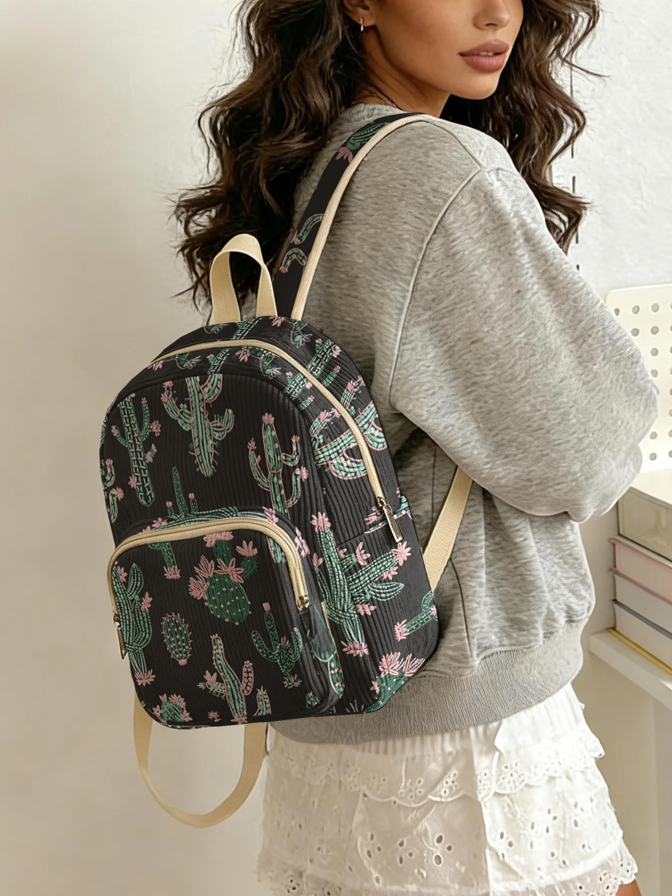 

Cactus & Pink Flowers Allover Print Women Fashion Backpack Corduroy Multi-pocket Large Capacity Commuter Bag