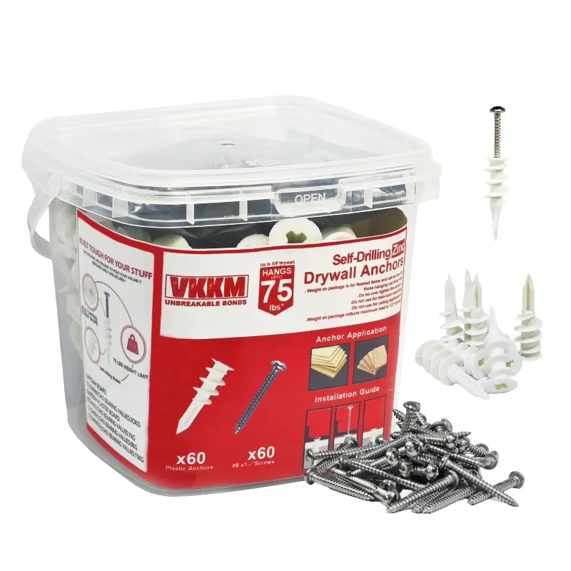 VKKM مرساة الحوائط الجافة ذاتية الحفر، 60 مرساة بلاستيكية و60 # 8 براغي زنك، سعة 75 رطلاً - للصور والأرفف وديكور المنزل #1
