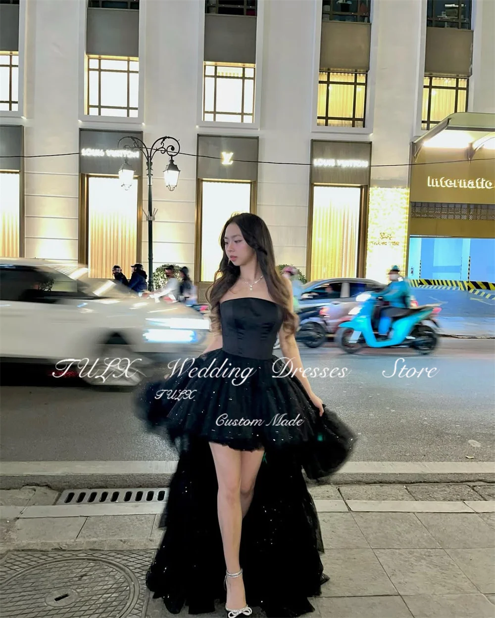 TULX – robe de soirée en Tulle noir scintillant, élégante, sans bretelles, en Satin, ligne A, longue, à plusieurs niveaux, pour occasions formelles, personnalisée