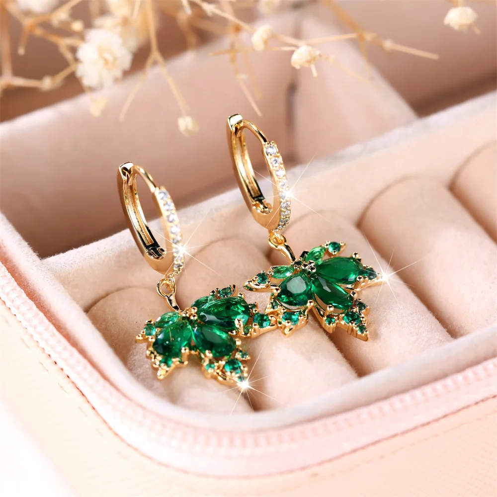 Green Crystal Pear Stone Maple Leaf Pendant Hoop Earrings For Women Vintage Gold Color Ear Buckle Wedding Jewelry Party Gifts