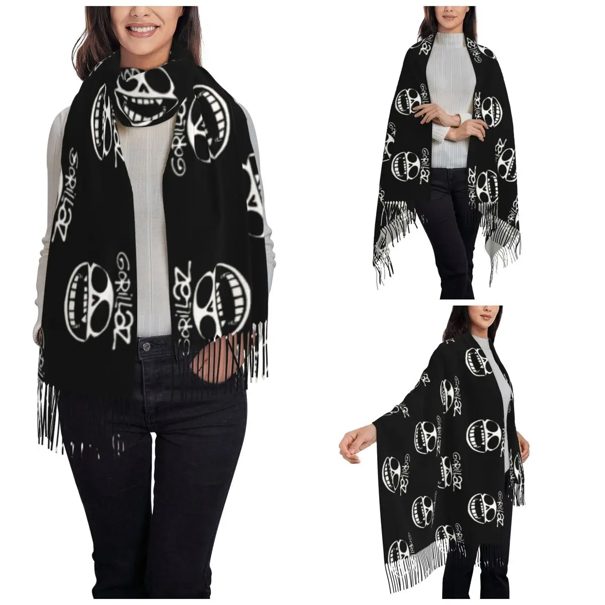 Womens Tassel Scarf Gorillaz-Symbol Long Soft Warm Shawl and Wrap Daily Wear Pashmina Scarves