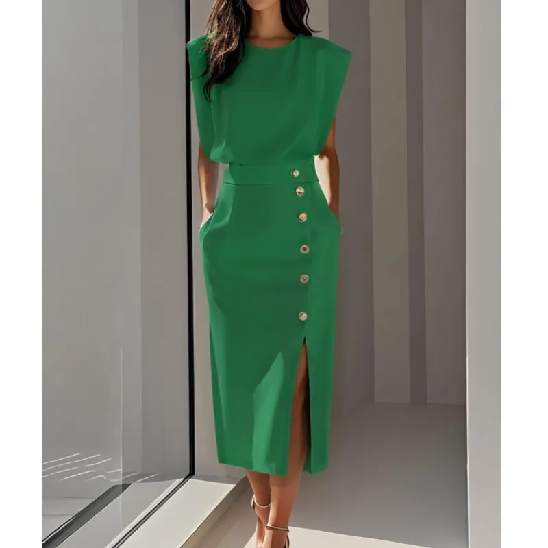 Temperament Ladies Elegant Dress 2025 Summer O-neck Sleeveless Buttons Splic High Split Long Dresses Women New Office Clothes