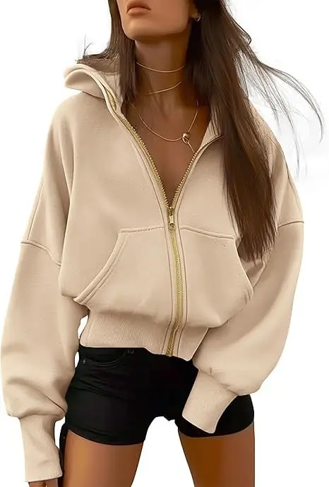 Jesienno-zimowa nowa uniwersalna kurtka damska z kapturem na zamek błyskawiczny, modna, codzienna, luźna bluza z długim rękawem.