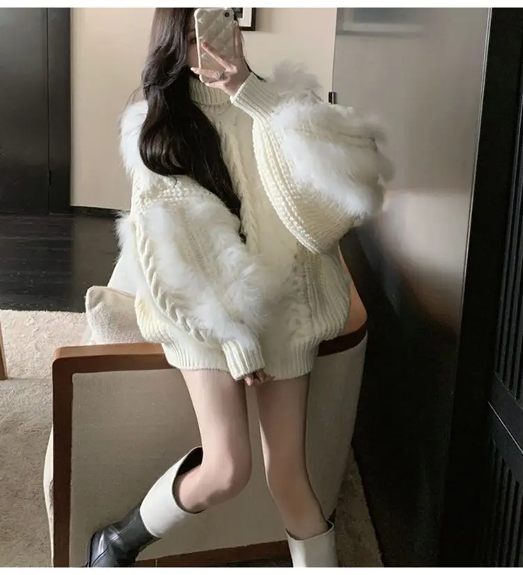 

Autumn and Winter New Temperament Muse Fan Celebrity Style White Turtleneck Top Jacket Thickened Loose Pullover Sweater Women