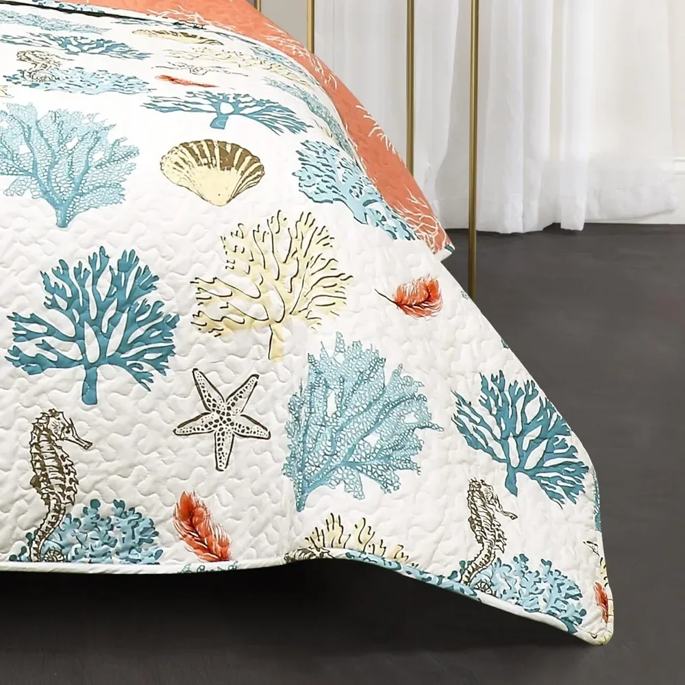 Decorative 7-piece coastal reef duvet set, king, blue and coral