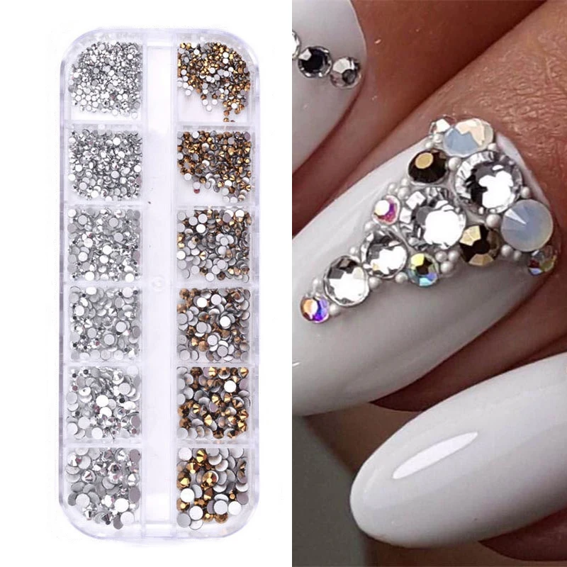 12Gird 3D Glas AB Kristall Nail Art Strass Kit Flatback Runde Perle Charm Edelsteine Schmuck Diamant mit Werkzeugen für Nail Art