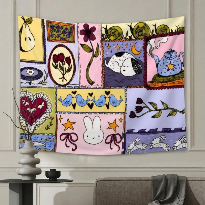 VIKAMA Cute Patchwork Tapestry Polyester Wall Hanging Kawaii Cartoon Bunny Dog Tapestry for Girls Bedroom Room Decoration
