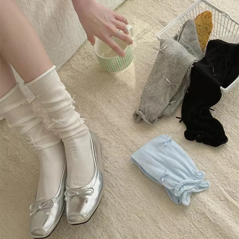 

1 Pair Ballet TBow Lolita Socks for Girl Soft Cotton Seamless White Knee-High Sock Korean Fashion Over Knee Pile Loose Socks