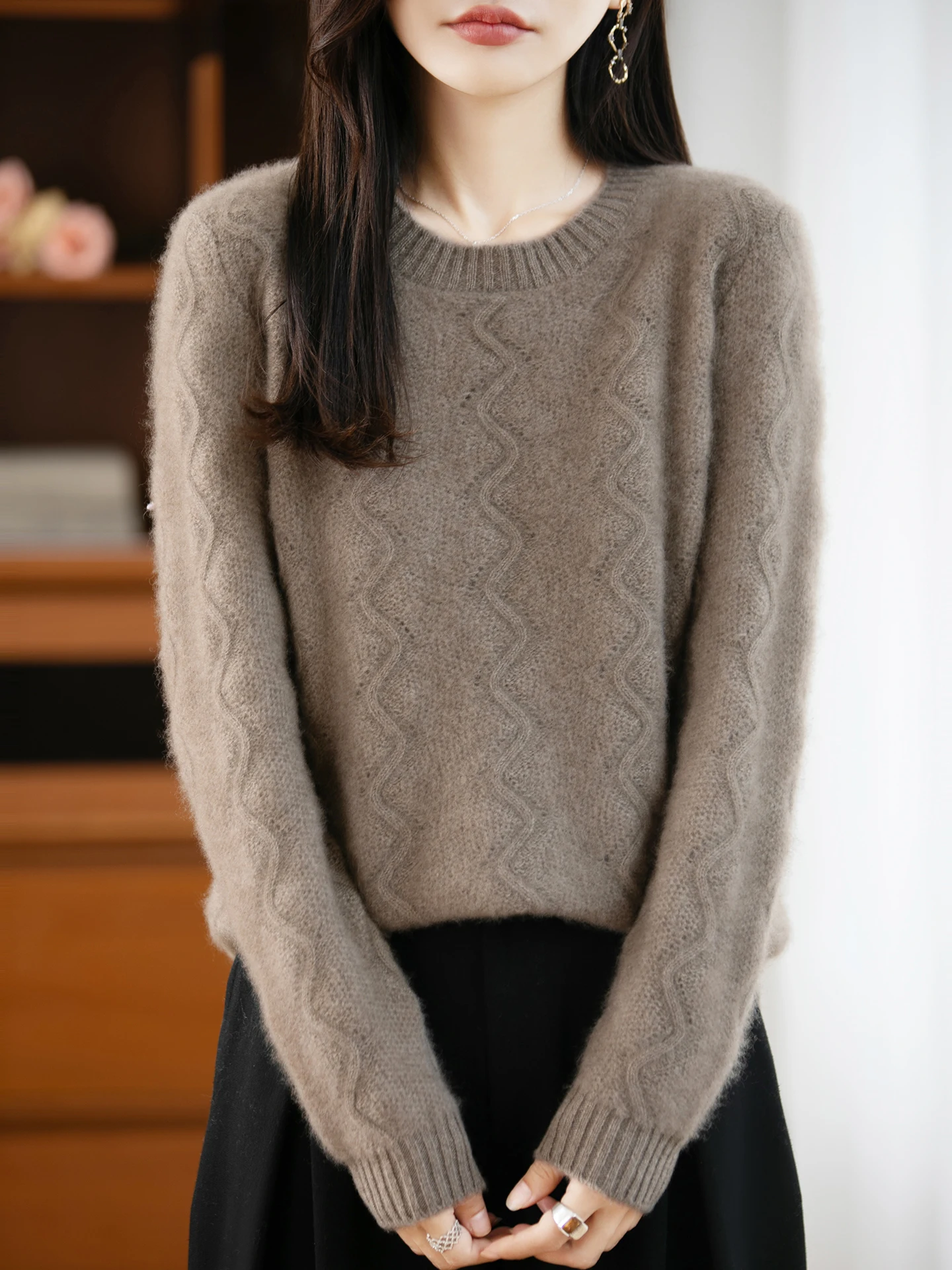 100% Merinowolle Frauen Modische Pullover Oansatz Einfarbig Welligkeit Muster Stricken Dicke Top Herbst Winter Casual Kleidung