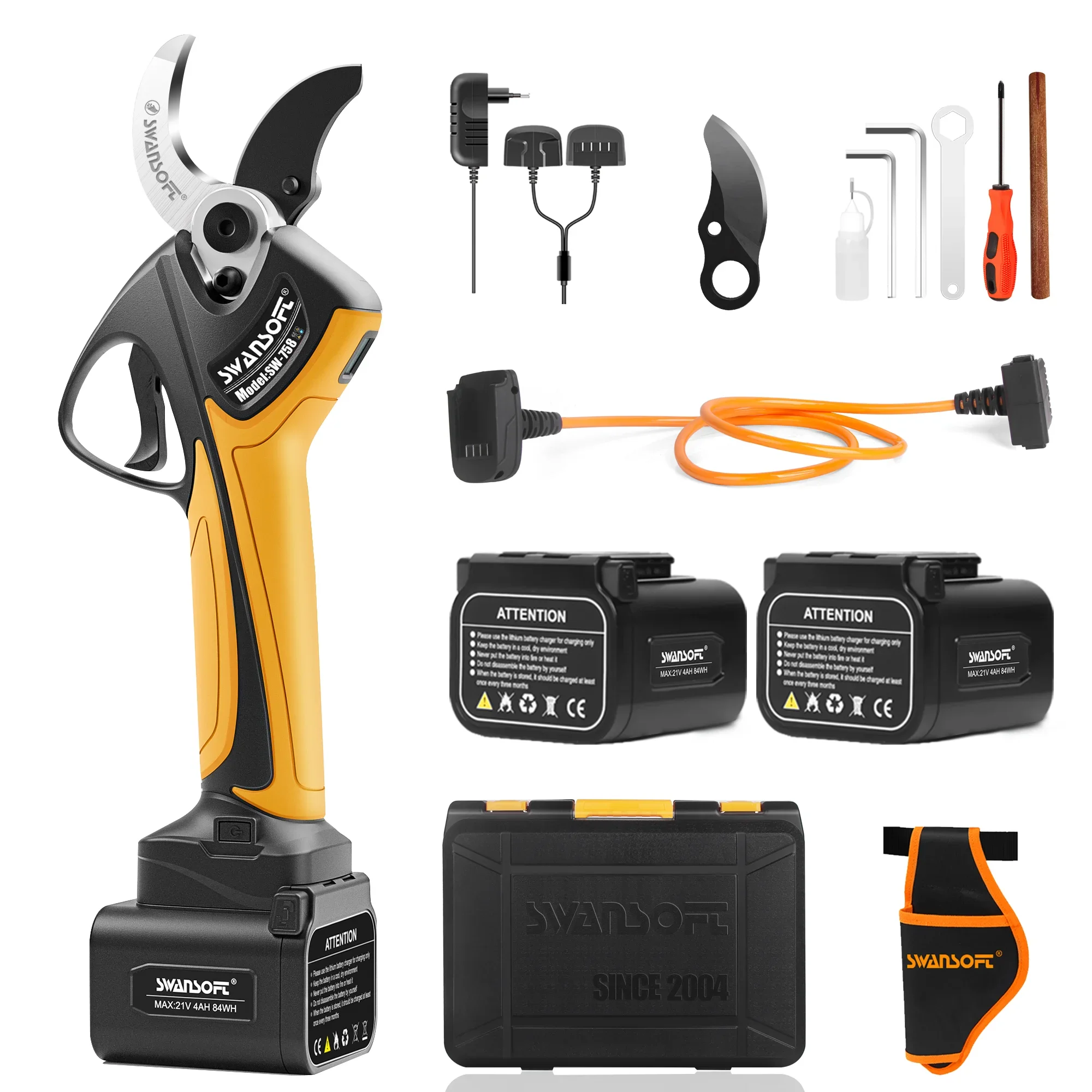 SWANSOFT Elektrische Gartenschere 40 MM, 4Ah Akku-Gartenschere 21V x2, 1050W Motor, professionelles, progressives Schneiden 758