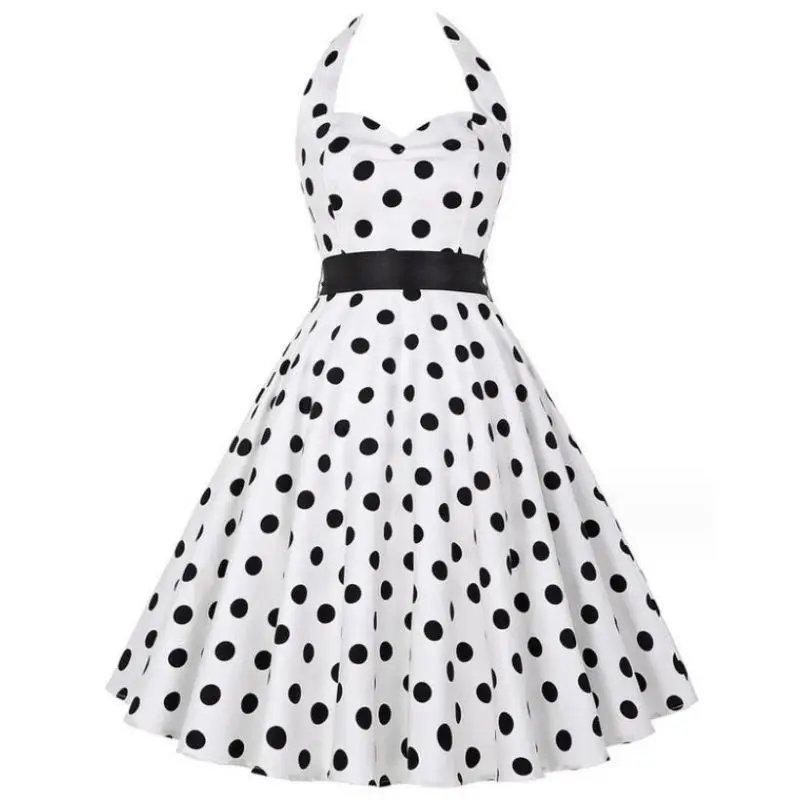 Women Summer Polka Dot Vintage Dress Fashion Party Office Lady Rockabilly Big Swing Halter Clothes