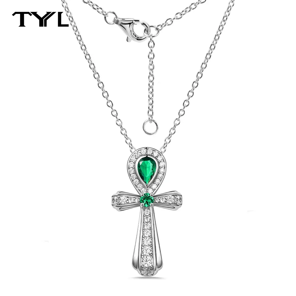 

TYYL Luxury Moissanite Lab Grown Emerald Cross Necklace Pendant 925 Sterling Silver Pear Created Gemstone Jewelry For Women Gift