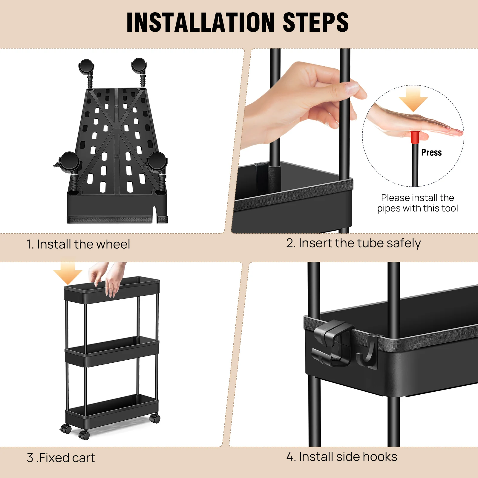 360 °   عربة تخزين متنقلة بعجلات دوارة، إطار فولاذي من 3 طبقات مع خطافات للمساحات الضيقة وغرفة نوم المطبخ والحمام