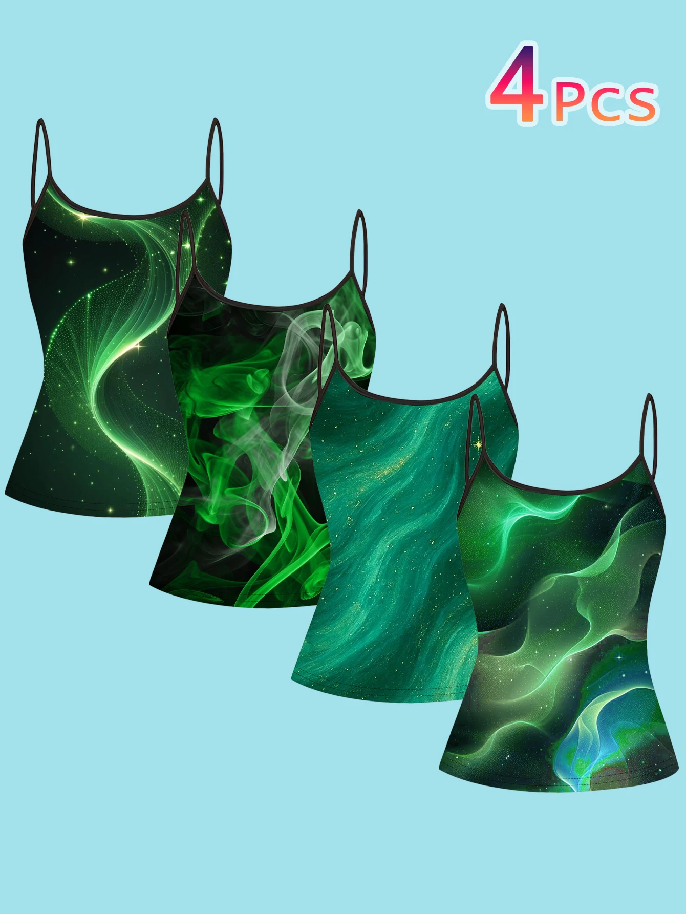 4-Piece Set of Women's Green Aurora Smoke Flow Print Camisole Tops, Cyber Green Iridescent Fluid Light Effect Slim-Fit Spaghetti Strap Inner Tops