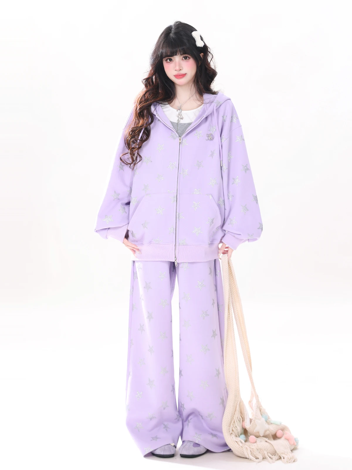 

ENJOG Spring New Loose Coat Women's Fashion Set with Hat Leisure Long Pants Star Print Purple Taro Hoodie Two-Piece Suit