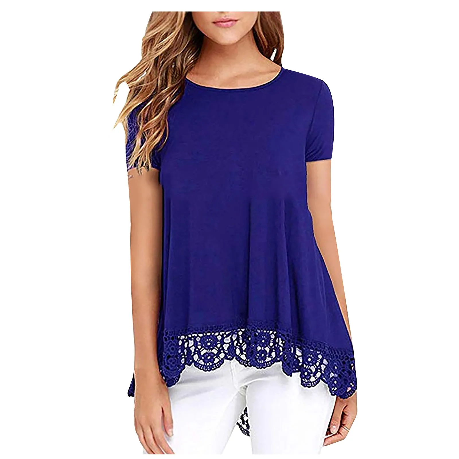 Women Casual O-Neck Printing Short Sleeve Loose Hem Lace Patchwork Tops Tunic Blouse