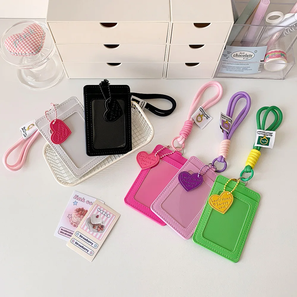 Love Heart PU Card Holder Dual Card Slot Universal ID Access Pass Bus Card Storage Case