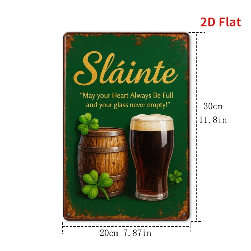 2D Flat, [ 2D Flat] 1pc7.87x11.81inch, Slainte Irish Metal Sign, St Patrick' s Day Bar Decor, Beer Barrel Pub Sign, Irish Toast