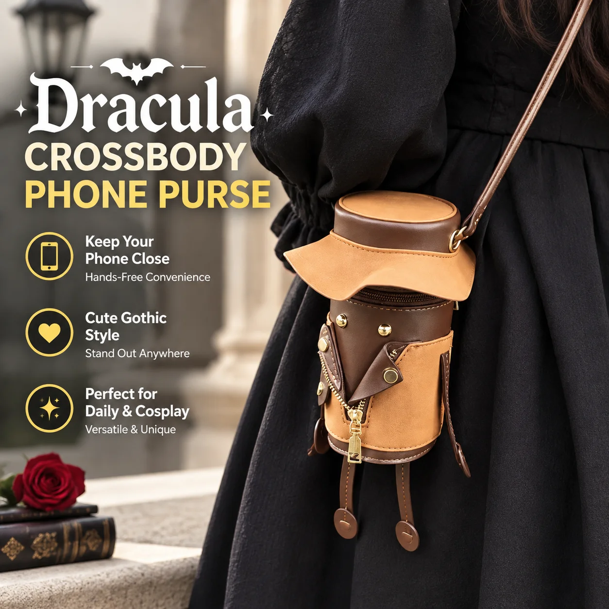 Women's Dracula Theme Crossbody Phone Purse, Cute Gothic Lolita PU Leather Sling Bag, Unique for Daily Use & Cosplay