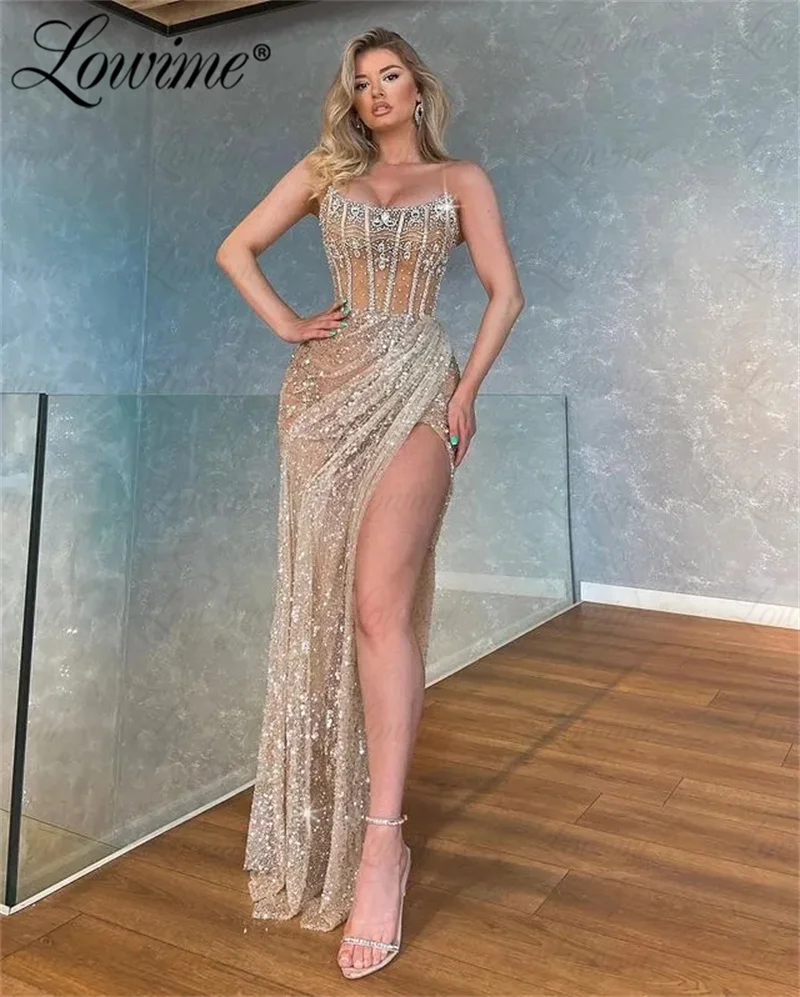 Hot Sexy Champagne Party Dresses Strapless With High Split Side Women Prom Dress Customize Crystals Floor Length Evening Gowns