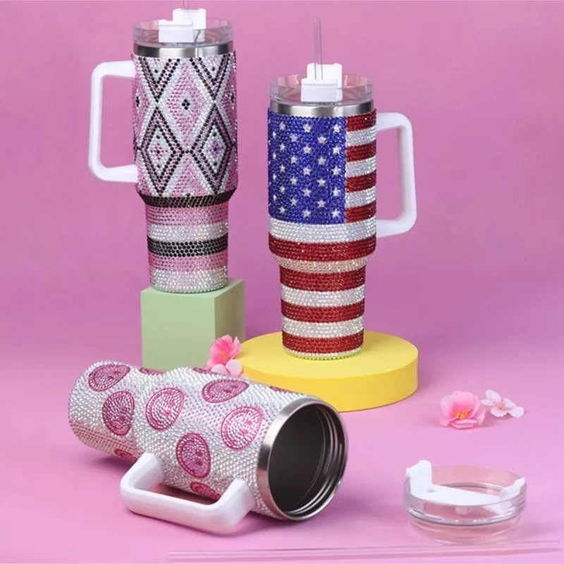 Vaso decorado checo, vaso de cristal personalizado con fijación en caliente y diamantes de imitación, termo de acero inoxidable de calidad alimentaria, taza de café al vacío con purpurina