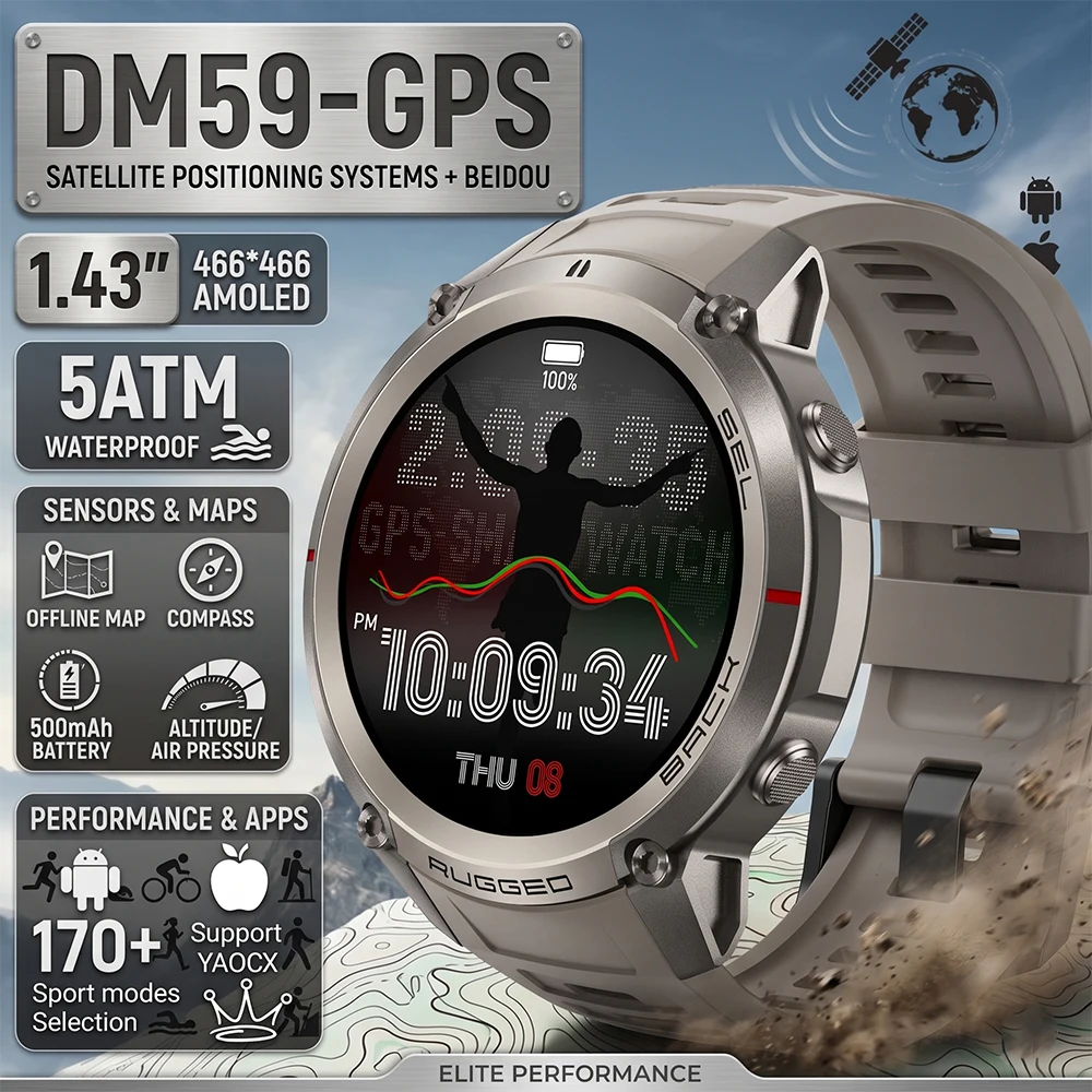 

2026 New GPS Military Smart Watch Rugged 500mAh Global 6-Satellite Positioning BT Call IP69 Waterproof AMOLED Fitness Tracker