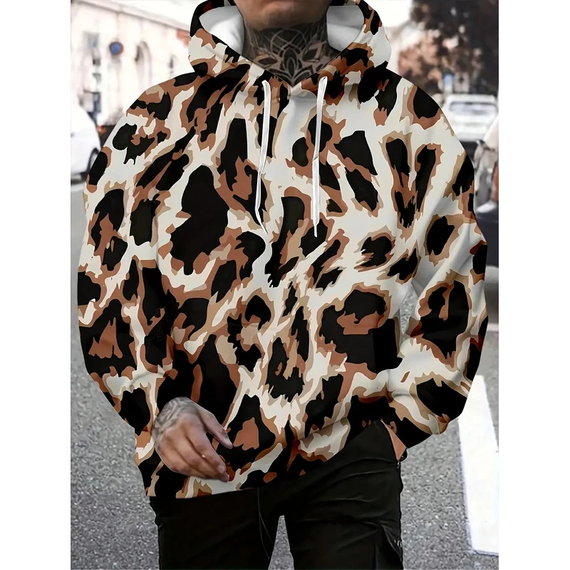 Men's Leopard Print Hoodie Oversized 3D Brown Black Kangaroo Pocket Long Sleeve Casual Outdoor Machine Washable Top