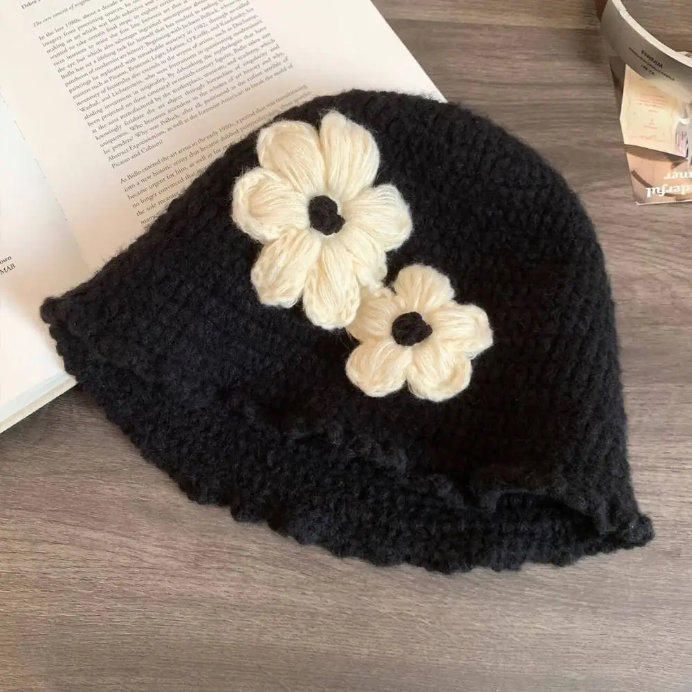

Fashion Korean Style Crochet Flower Knitted Hat Handmade Hollow Out Flower Weave Cap Cute Warm Bowknot Beanies Hat Girls