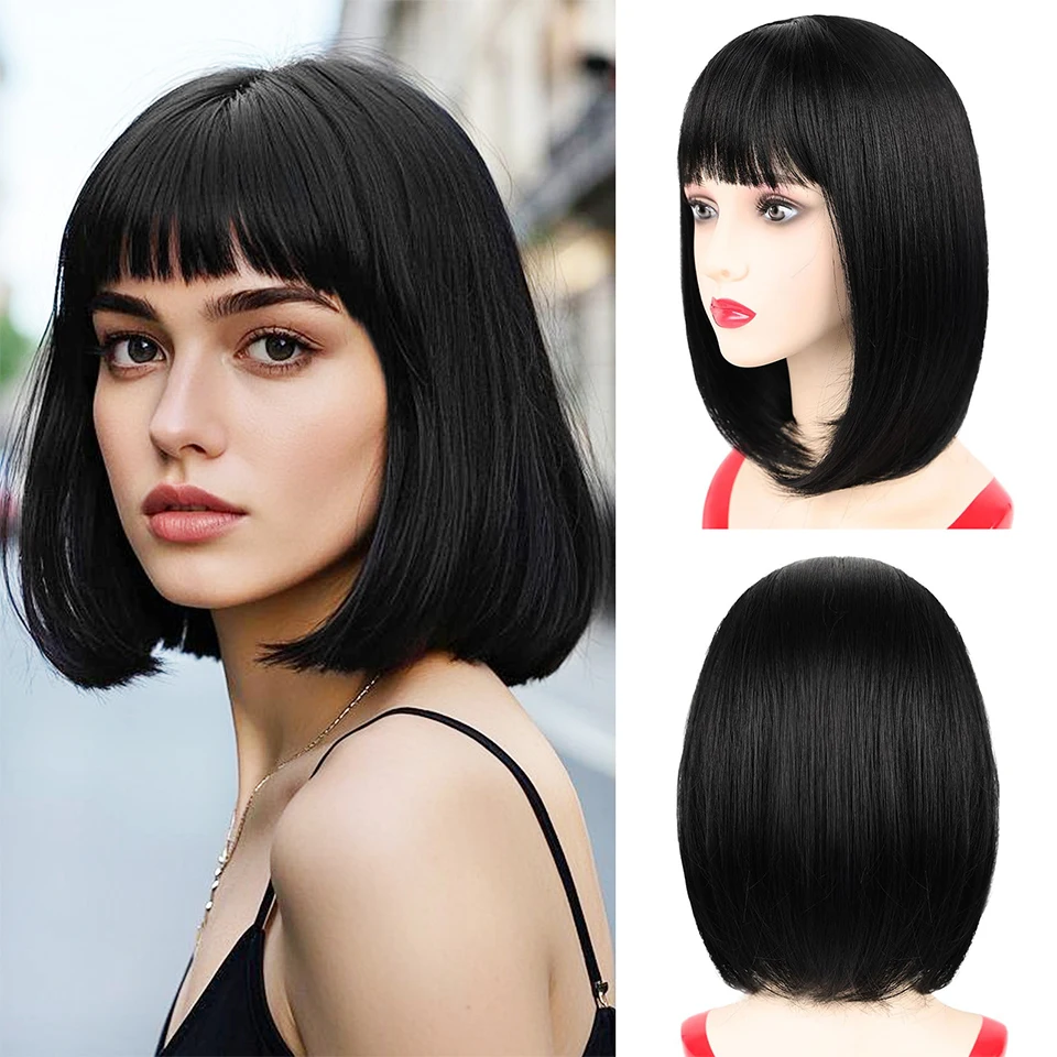 

Natural Black Bob Wig with Bangs, Short Straight Costume Blonde Wig for Women Cosplay, Synthetic Hair, 14inch