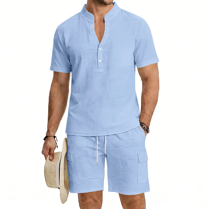 

Men Linen Henley Short Sleeve Shirt Cargo Shorts Two Piece Casual Outfit