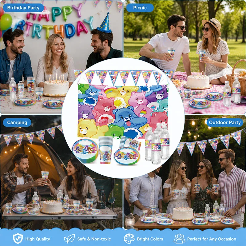 Bunte Care Bears Anime-Themen Teller, Becher, Banner und Hintergrund – Stilvolles Set für Geburtstagsfeiern und Familientreffen mit Geschenken – Detail 2